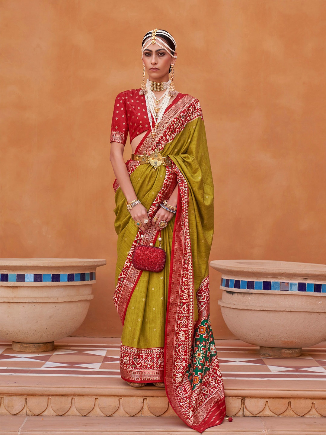 

Mitera Olive Green & Red Woven Design Zari Saree