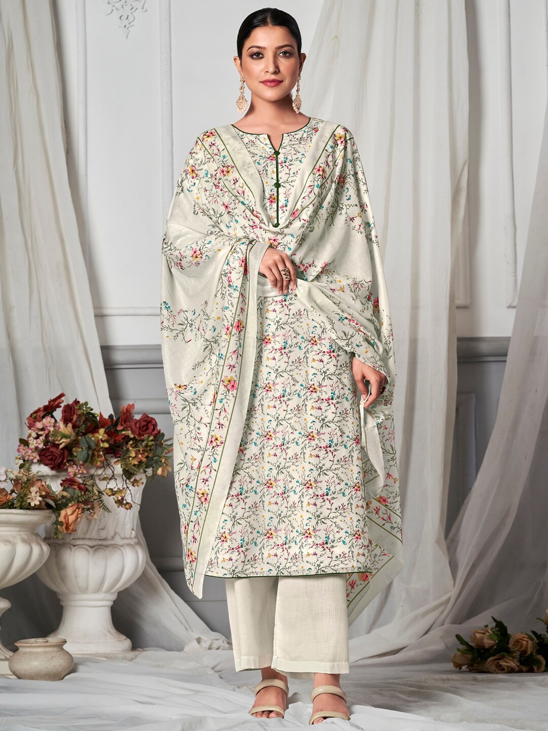 

Stylee LIFESTYLE Printed Pure Cotton Unstitched Dress Material, Off white