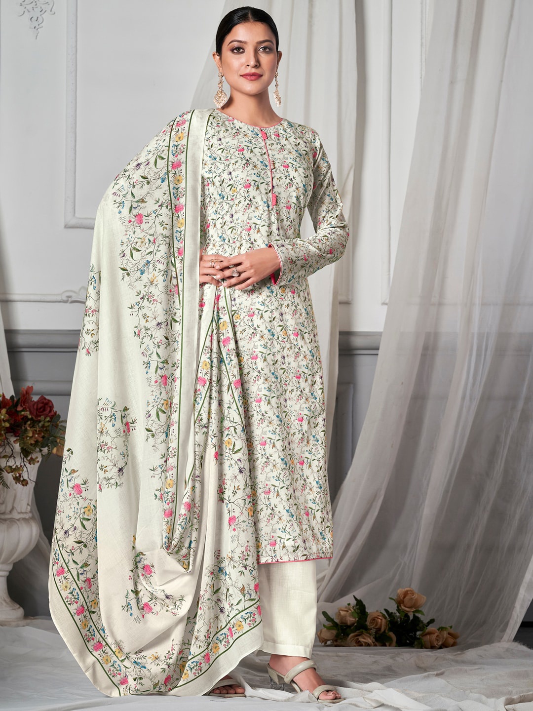 

Stylee LIFESTYLE Printed Pure Cotton Unstitched Dress Material, Off white