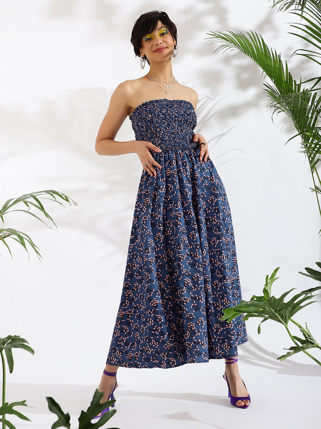 

KASSUALLY Floral Print Strapless Smocked Fit & Flare Midi Dress, Blue