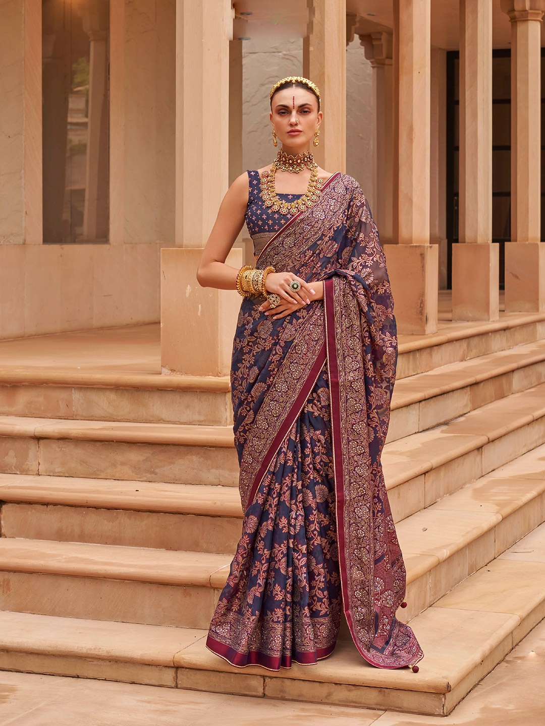 

Mitera Navy Blue & Red Woven Design Sequinned Brasso Saree