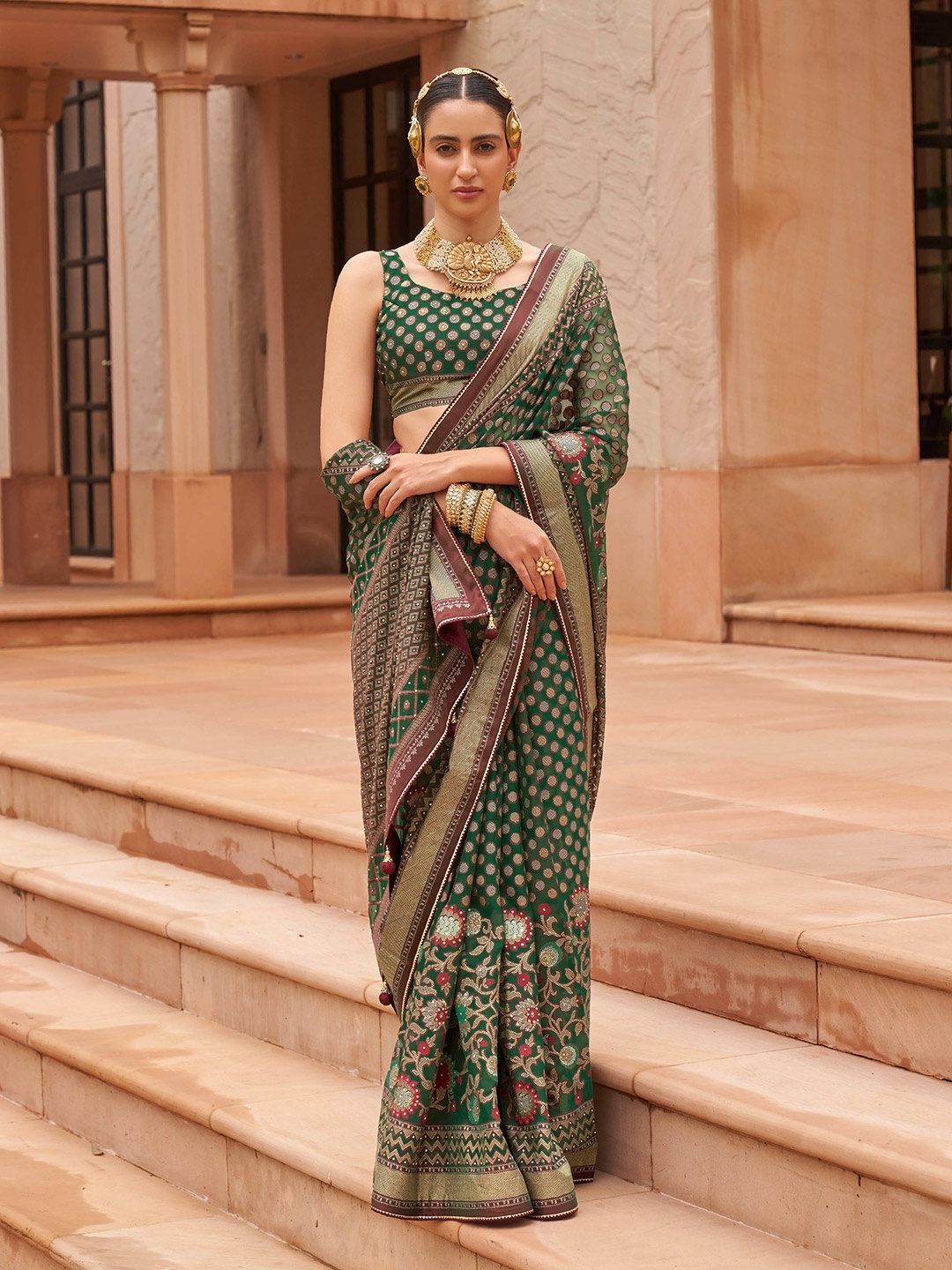 

Mitera Green & Red Woven Design Zari Brasso Saree