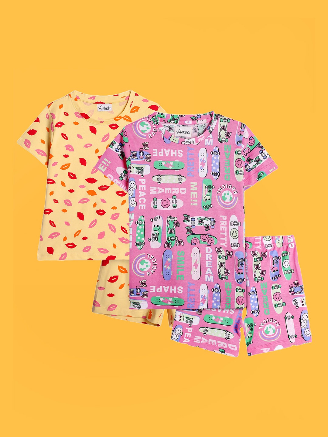 

Anthrilo Girls Pack Of 2 Printed Pure Cotton Night suits, Yellow