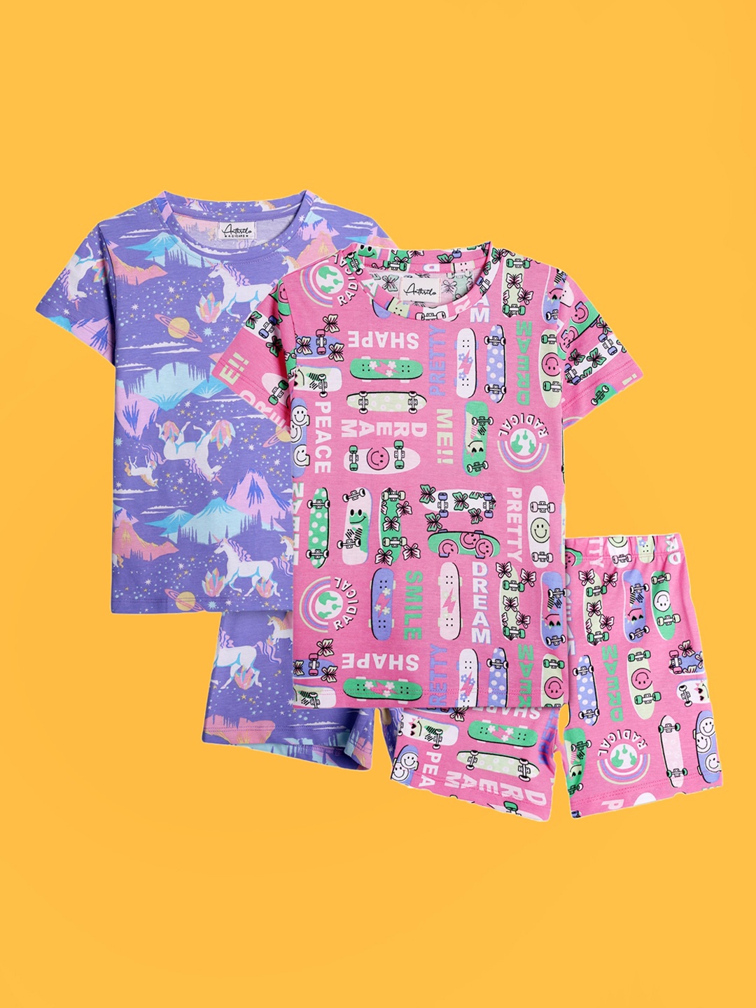 

Anthrilo Girls Pack Of 2 Printed Pure Cotton Night suits, Pink