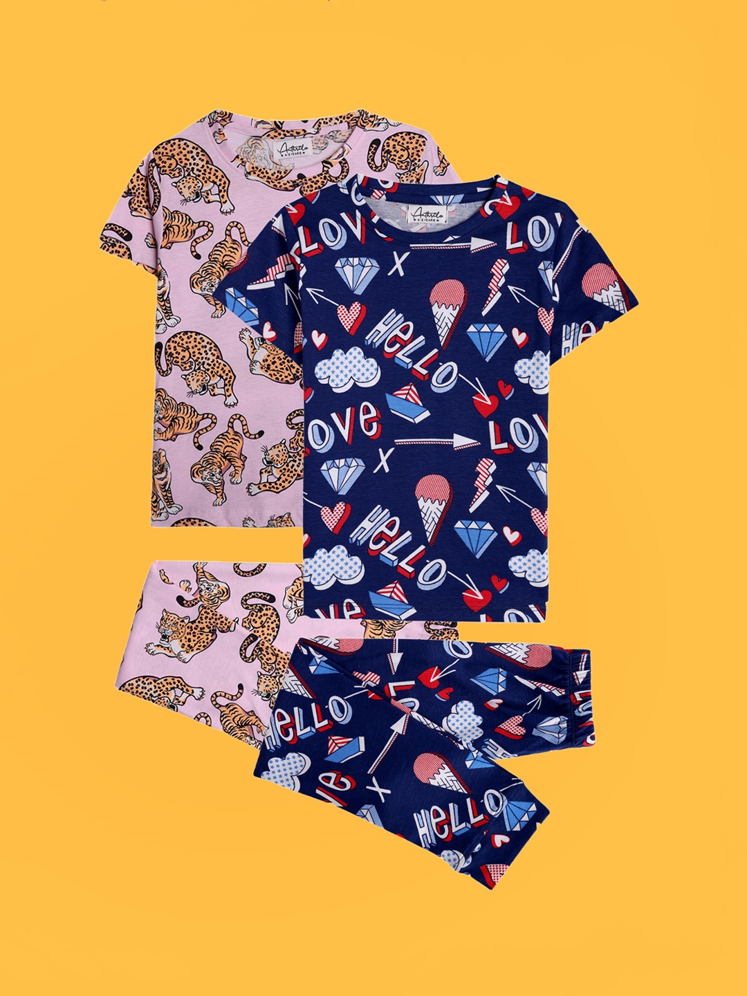 

Anthrilo Girls Pack Of 2 Printed Pure Cotton Night suits, Navy blue
