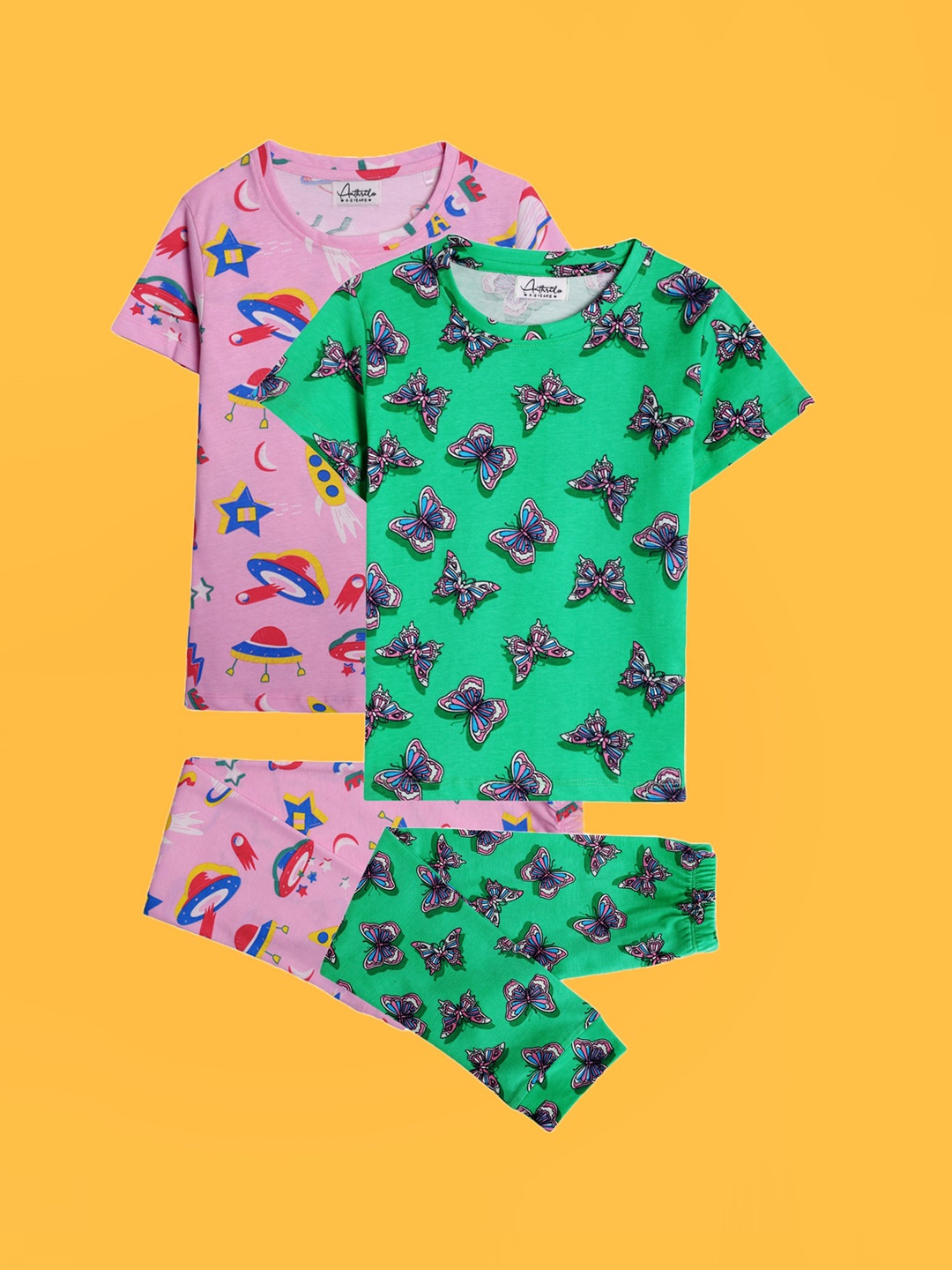 

Anthrilo Girls Pack Of 2 Printed Pure Cotton Night suits, Pink