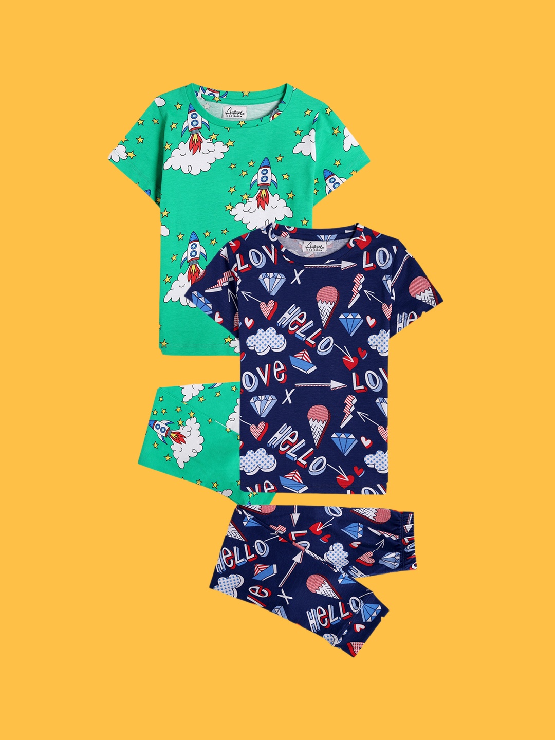 

Anthrilo Girls Pack Of 2 Printed Pure Cotton Night suits, Navy blue