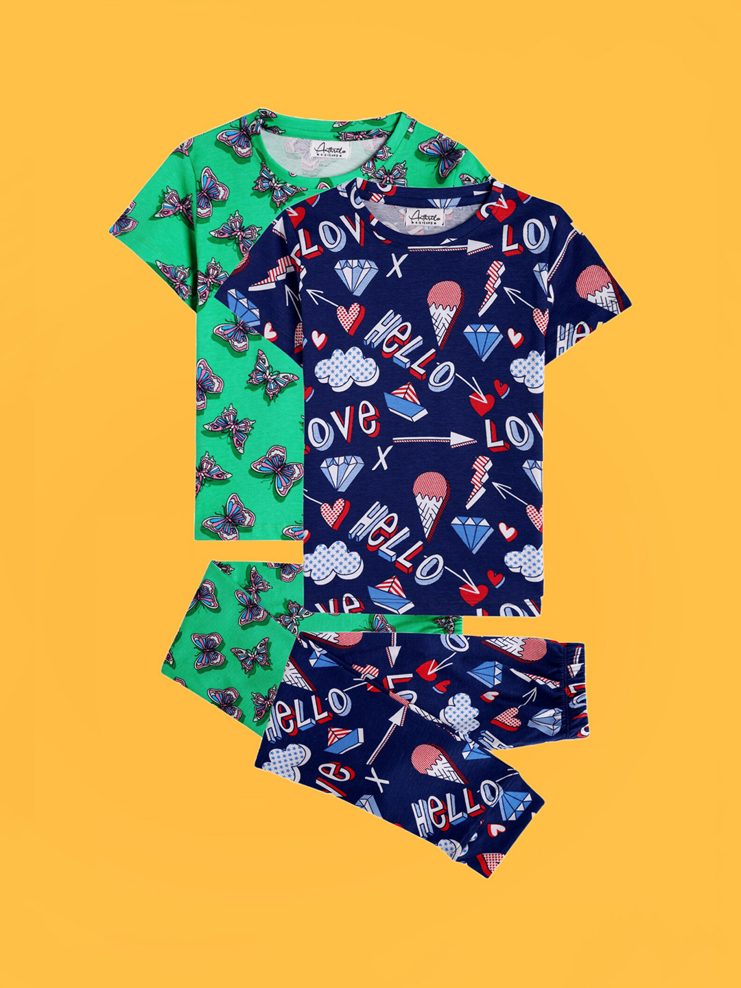 

Anthrilo Girls Pack Of 2 Printed Pure Cotton Night suits, Green