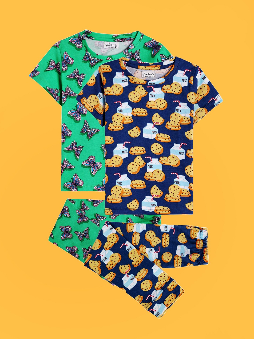 

Anthrilo Girls Pack Of 2 Printed Pure Cotton Night suits, Navy blue
