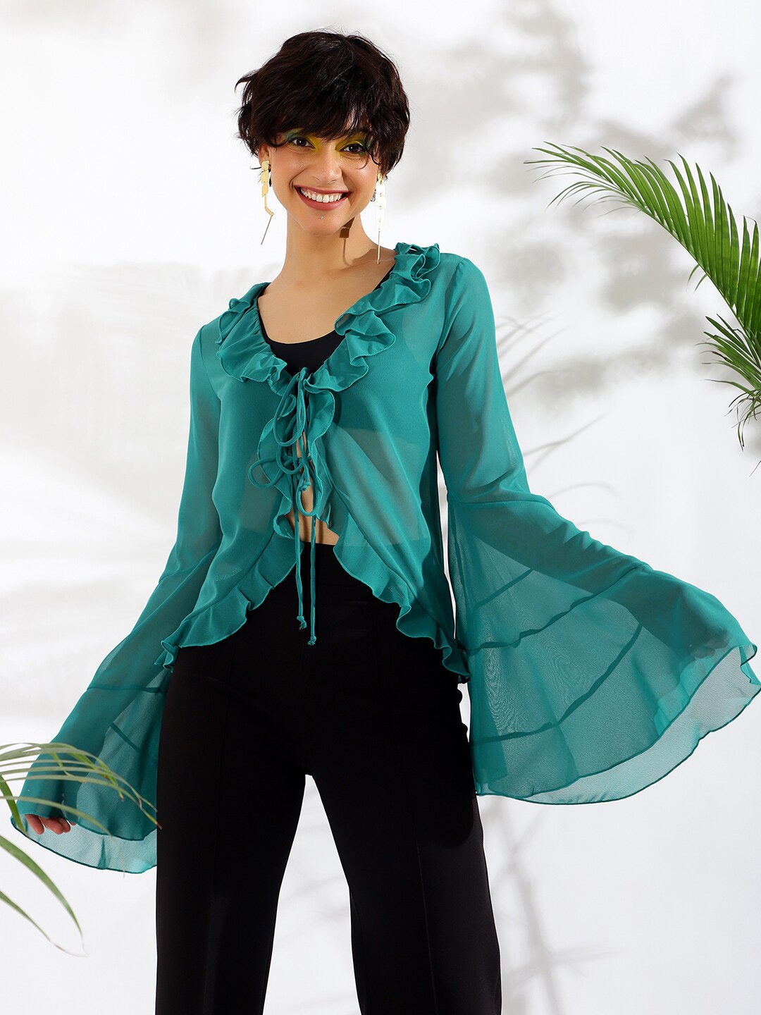 

KASSUALLY Green Ruffled Tie-Up Shrug