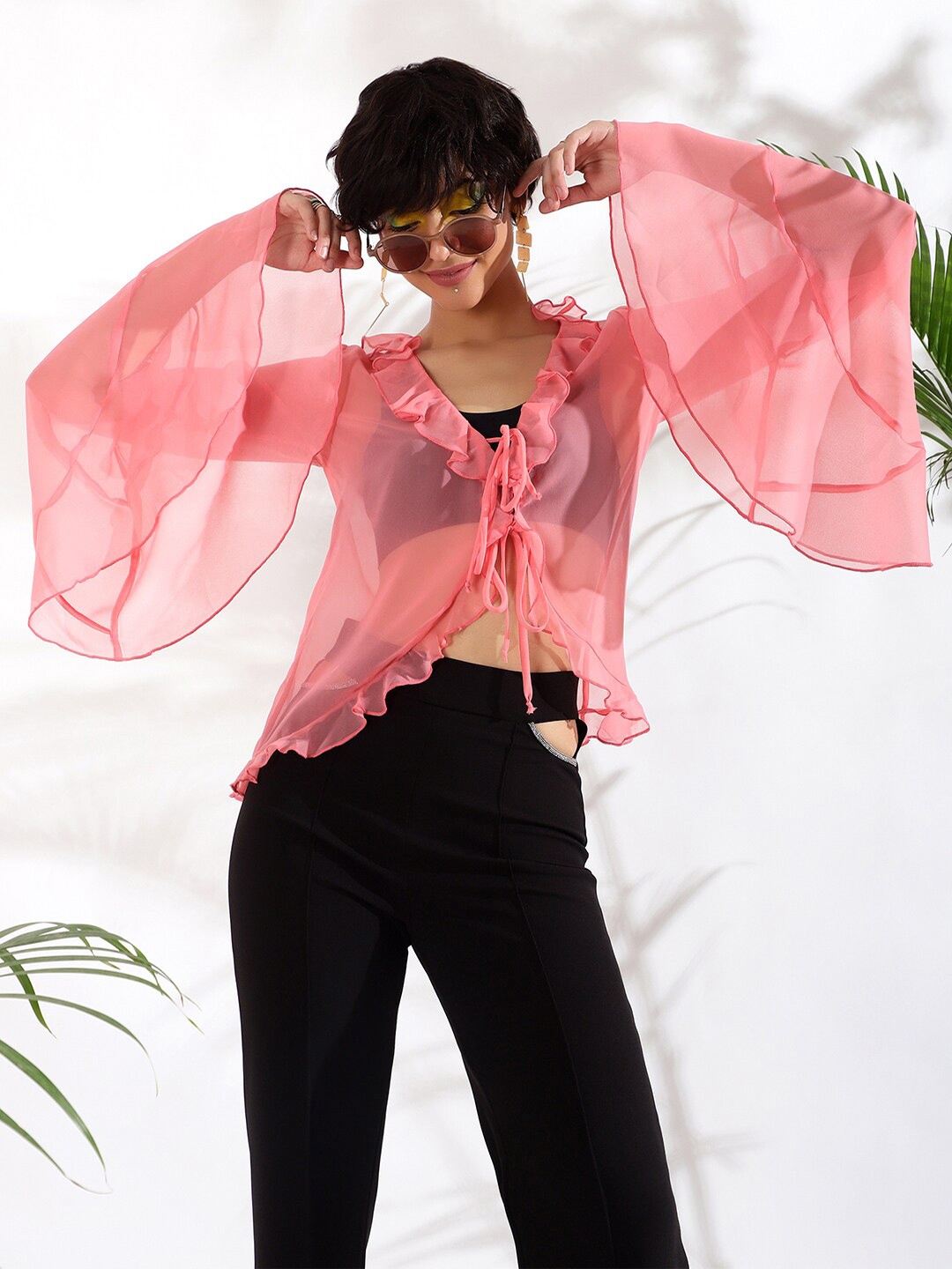

KASSUALLY Pink Ruffled Tie-Up Shrug