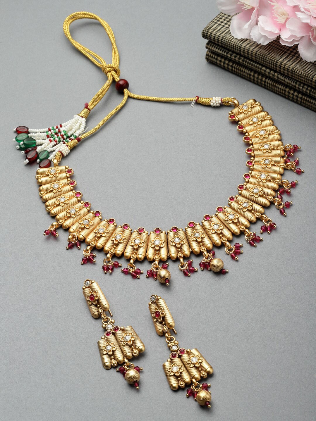 

Arrabi Gold-Plated Stone-Studded & Beaded Necklace & Earrings Set