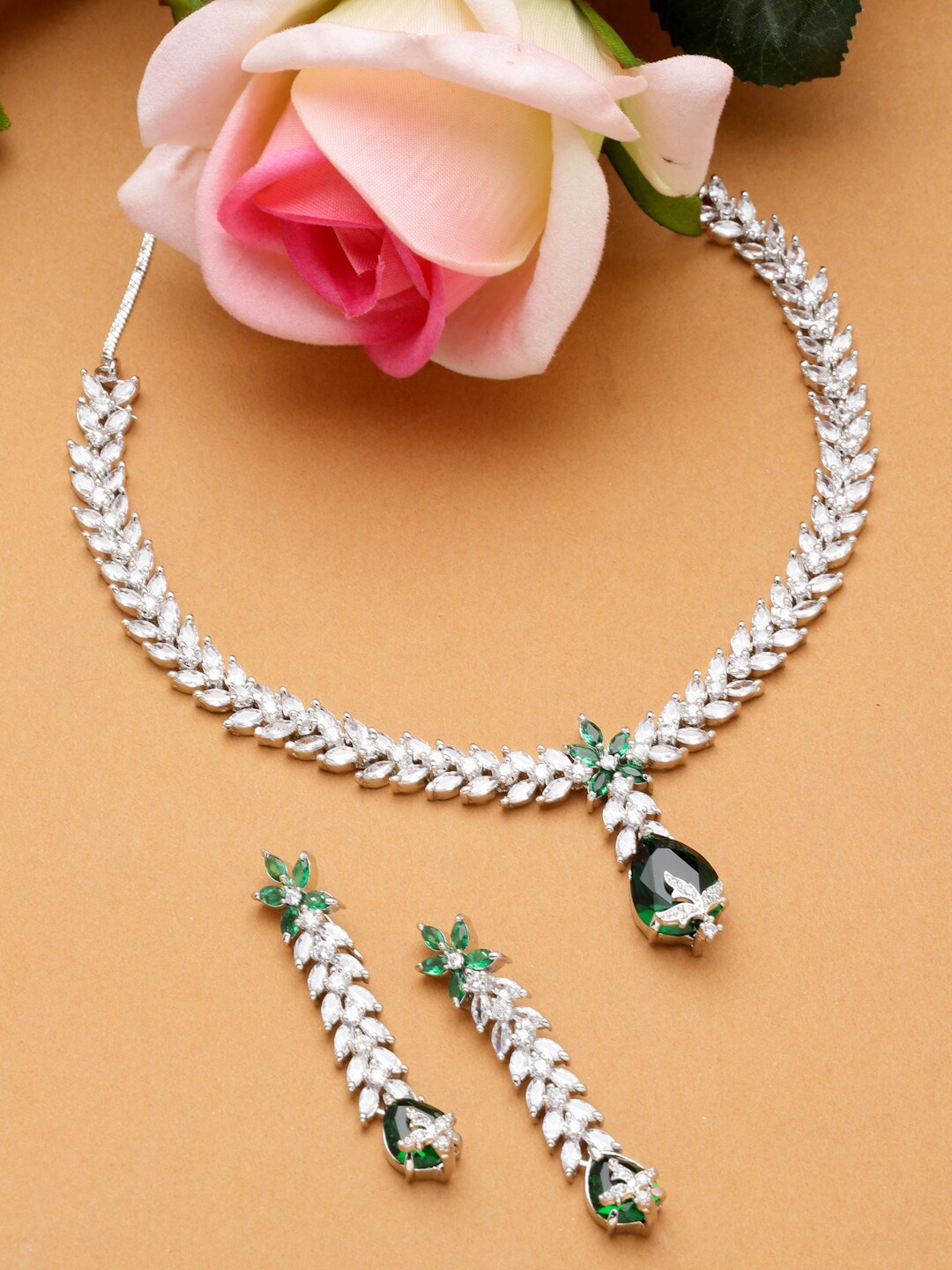 

Arrabi Silver-Plated AD-Studded Necklace & Earrings Set