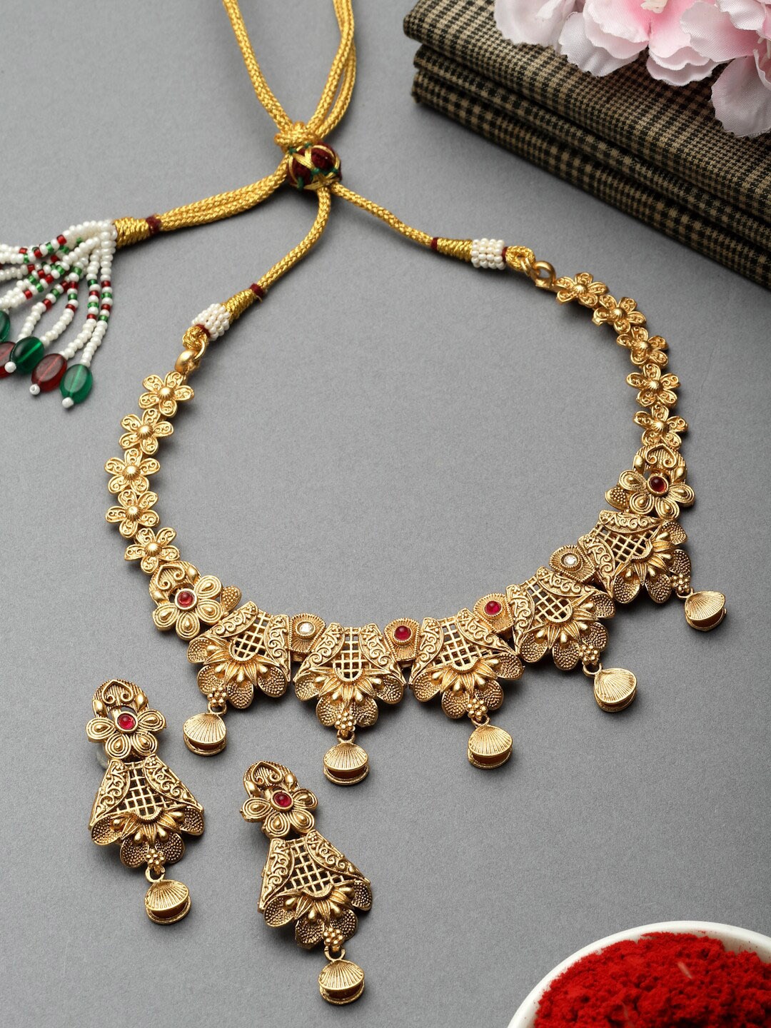 

Arrabi Gold-Plated CZ -Studded & Beaded Necklace & Earrings Set