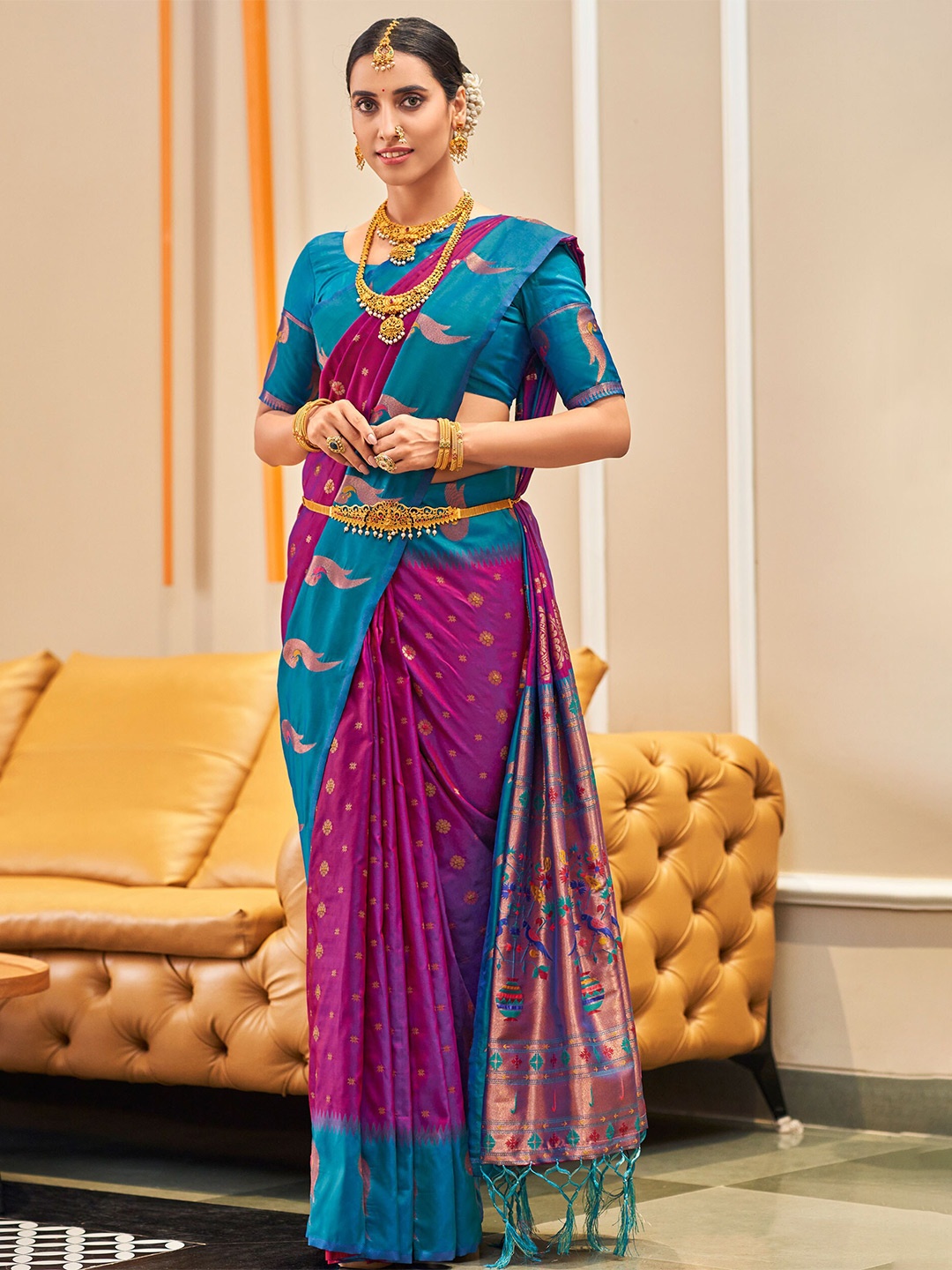

SHANGRILA Woven Design Zari Pure Silk Paithani Saree, Purple