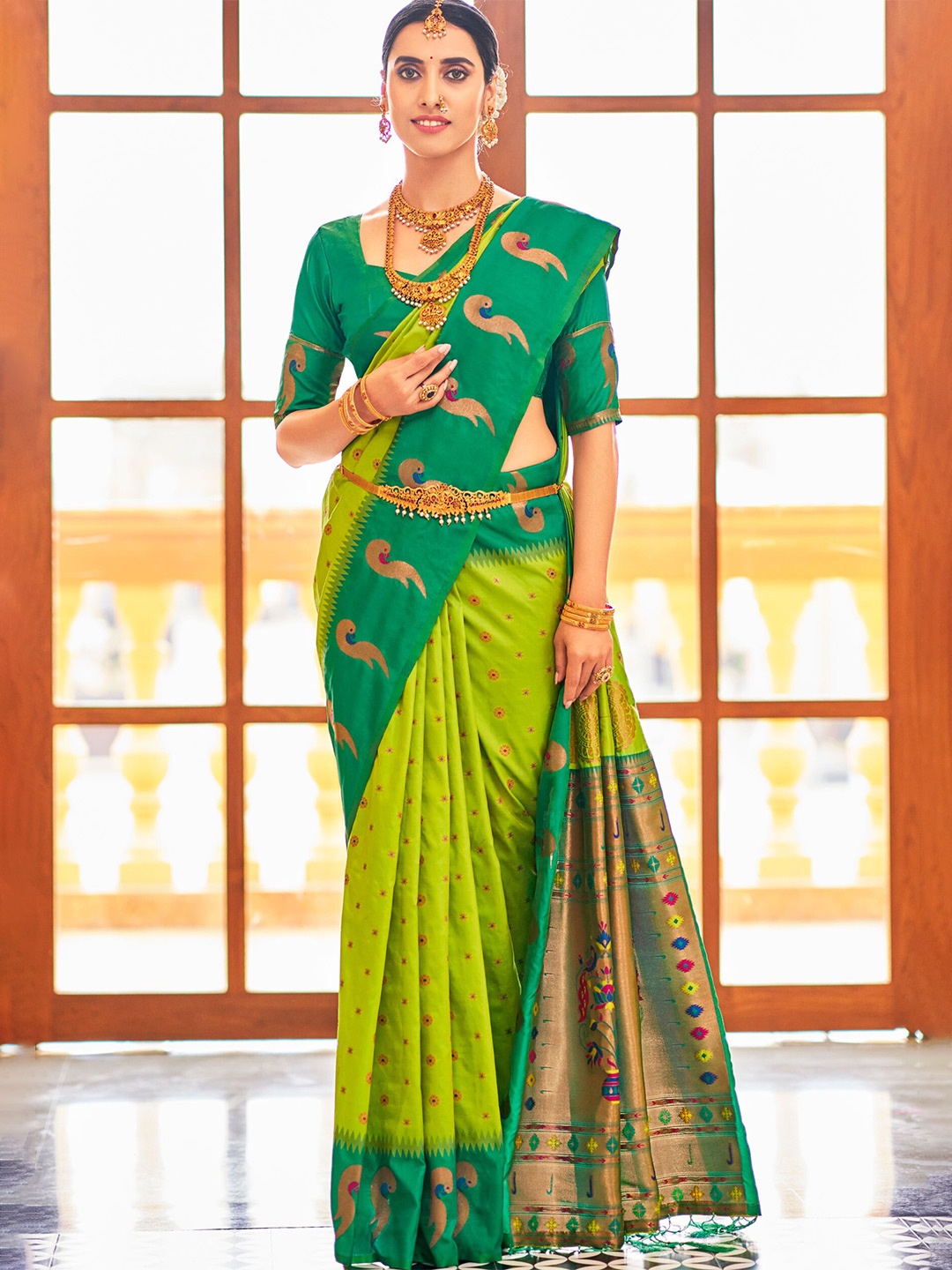 

SHANGRILA Woven Design Zari Pure Silk Paithani Saree, Green