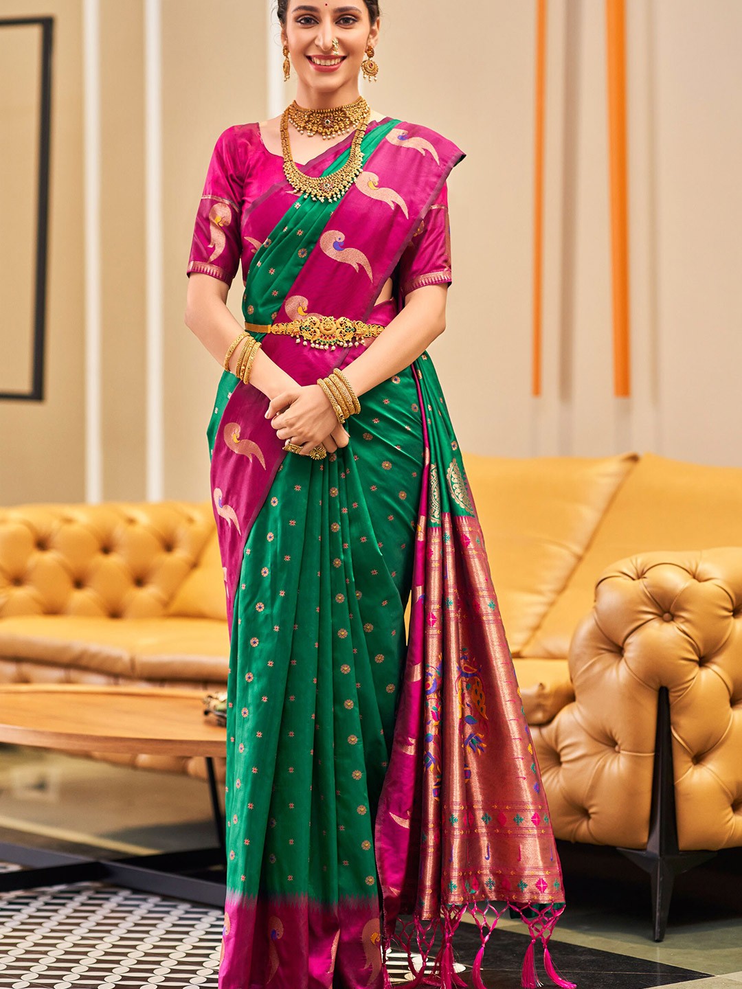 

SHANGRILA Woven Design Zari Pure Silk Paithani Saree, Green