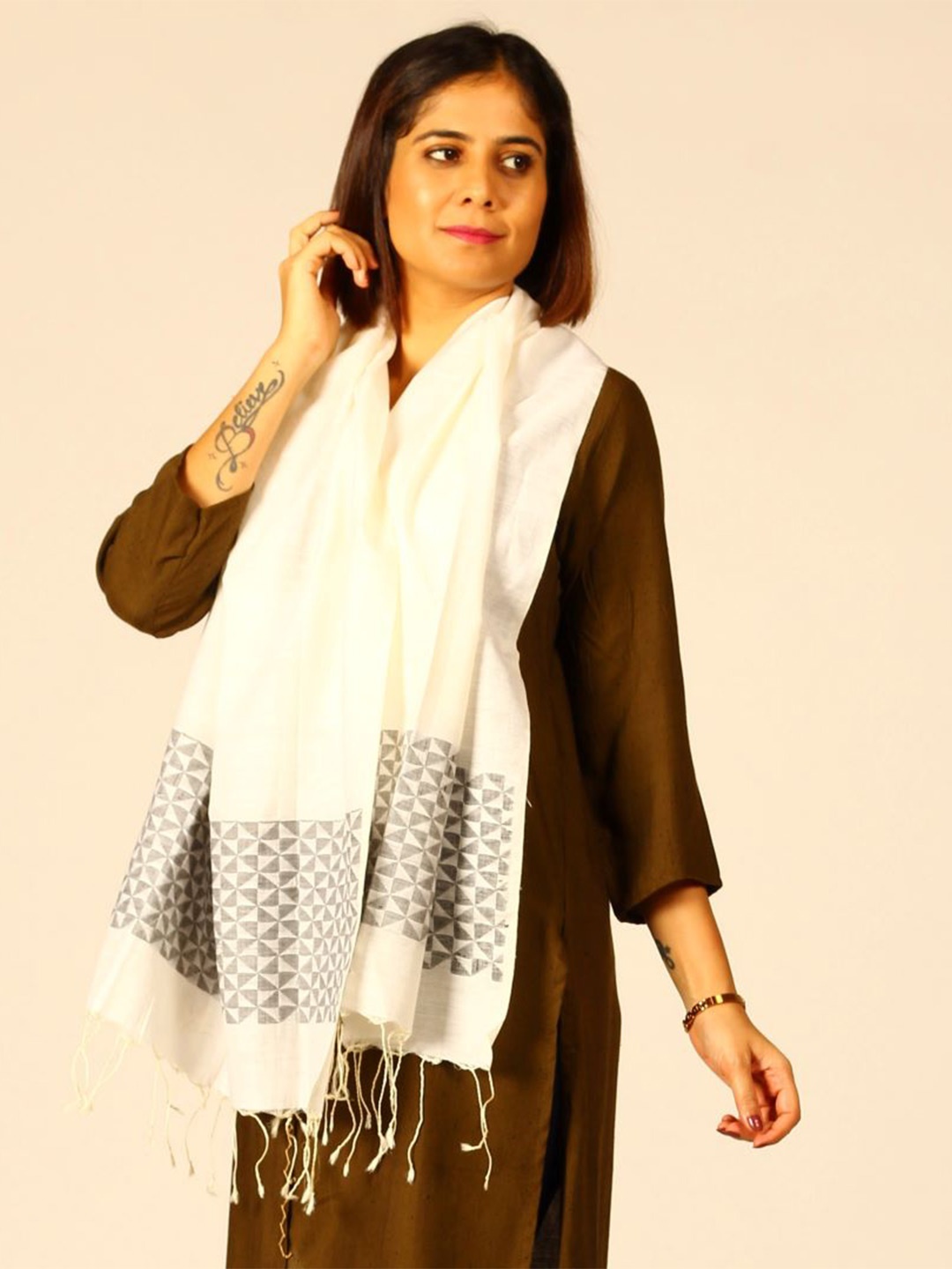 

ArtEastri Woven Design Cotton Silk Stole, White