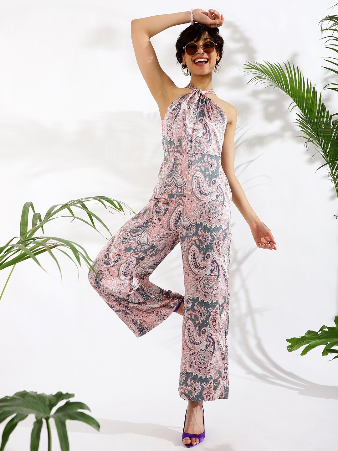 

KASSUALLY Pink & Grey Halter Neck Ethnic Motifs Printed Basic Jumpsuit, Peach