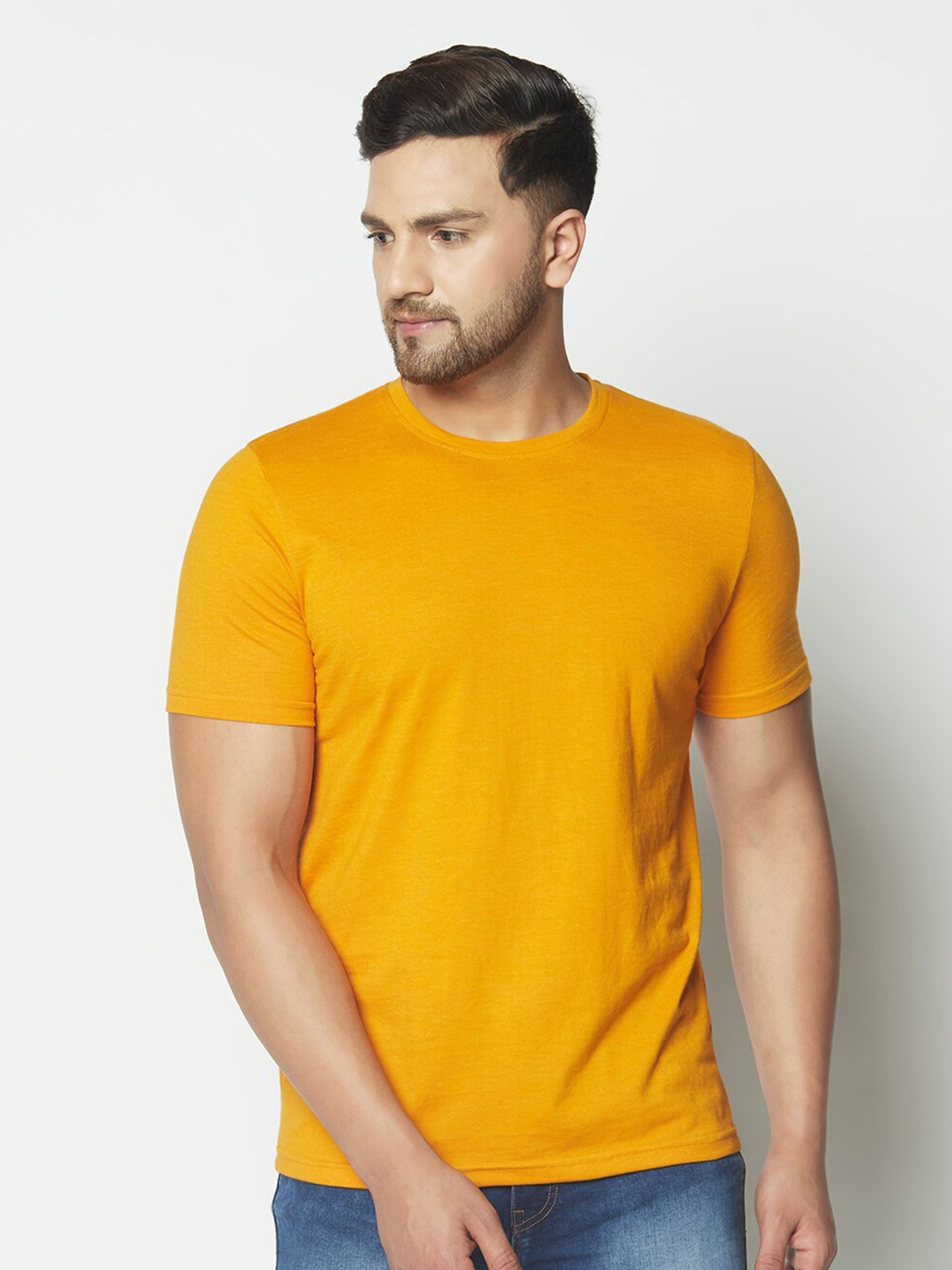 

GLITO Round Neck Cotton Casual T-Shirt, Mustard