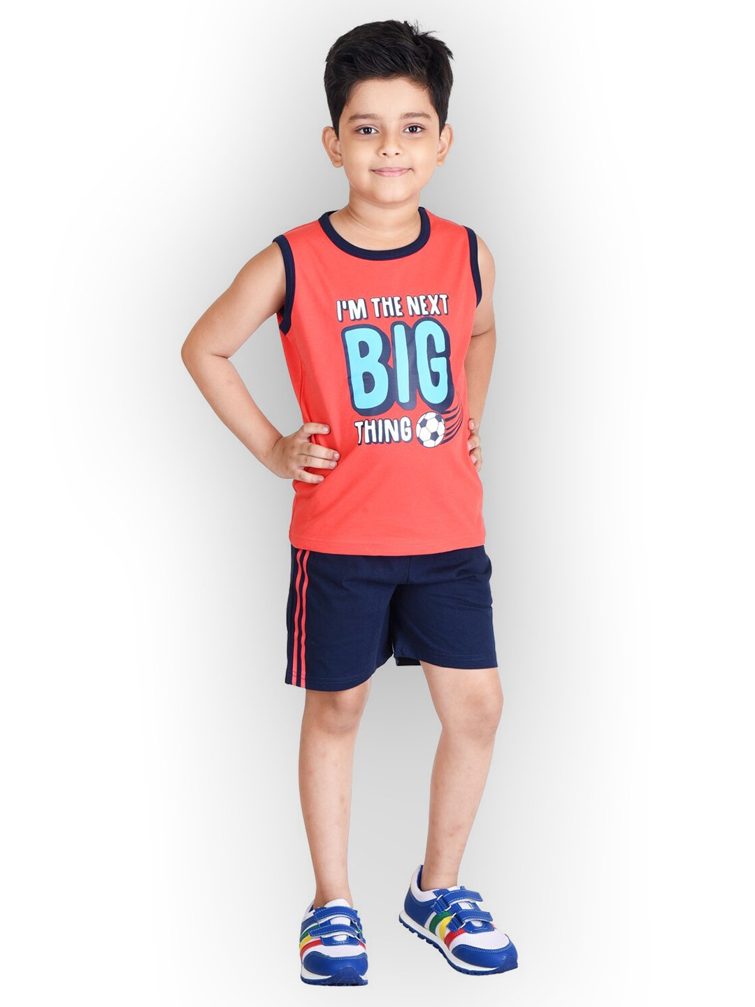 

Clothe Funn Boys Printed Pure Cotton T-Shirt With Shorts, Coral