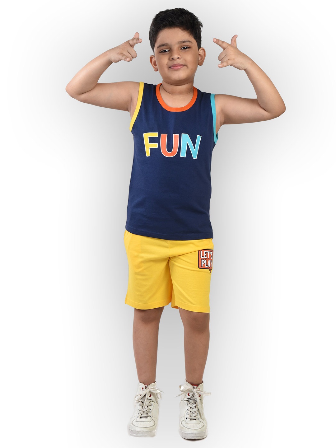 

Clothe Funn Boys Printed Pure Cotton T-Shirt With Shorts, Navy blue