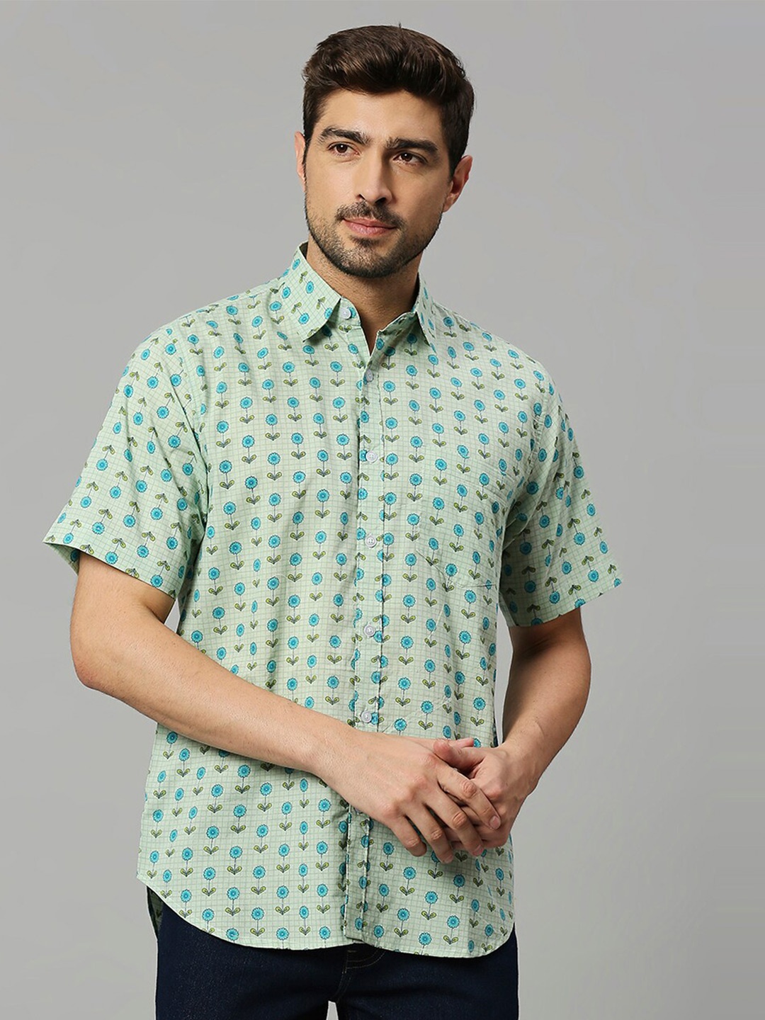 

RAJUBHAI HARGOVINDAS Relaxed Floral Printed Cotton Casual Shirt, Green