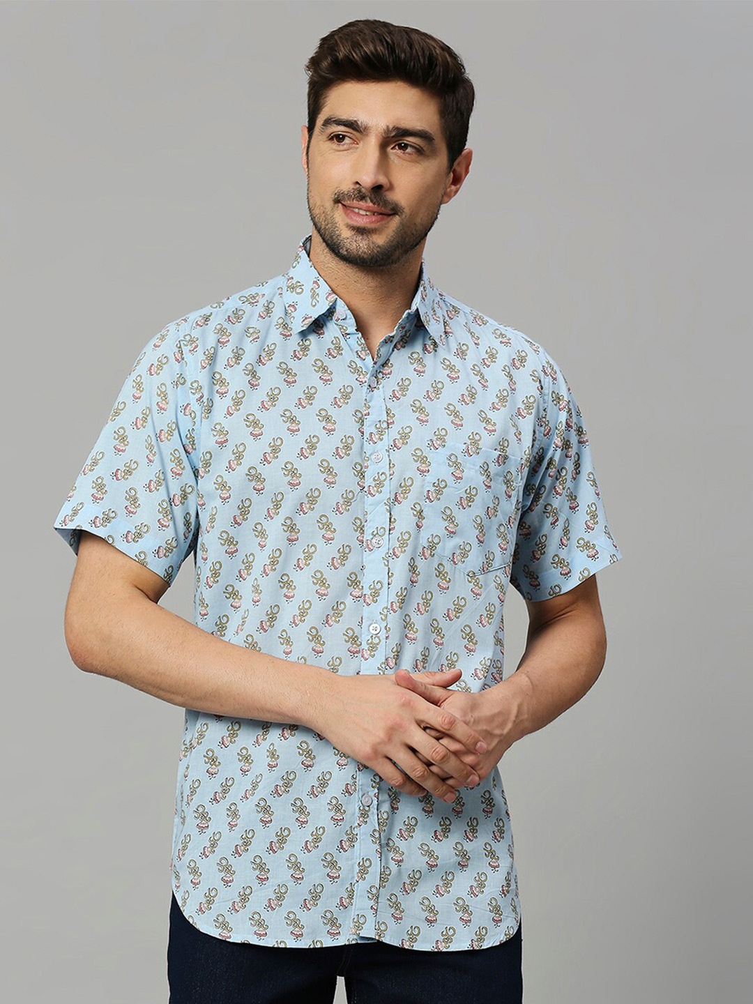 

RAJUBHAI HARGOVINDAS Relaxed Floral Printed Cotton Casual Shirt, Blue