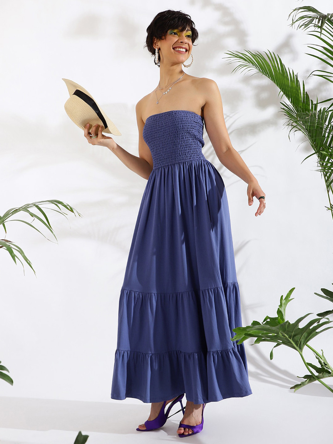 

KASSUALLY Blue Off-Shoulder Smocked Tiered Fit & Flare Smocked Maxi Dress