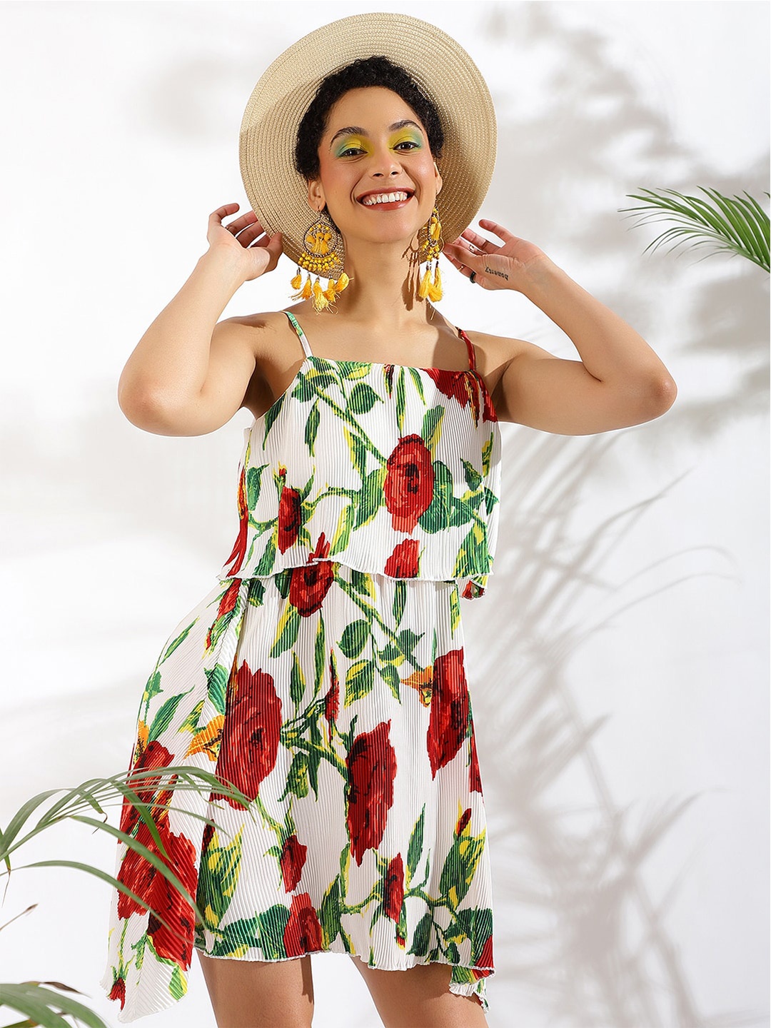 

KASSUALLY White Floral Printed Shoulder Straps Accordion Pleated A-Line Mini Dress