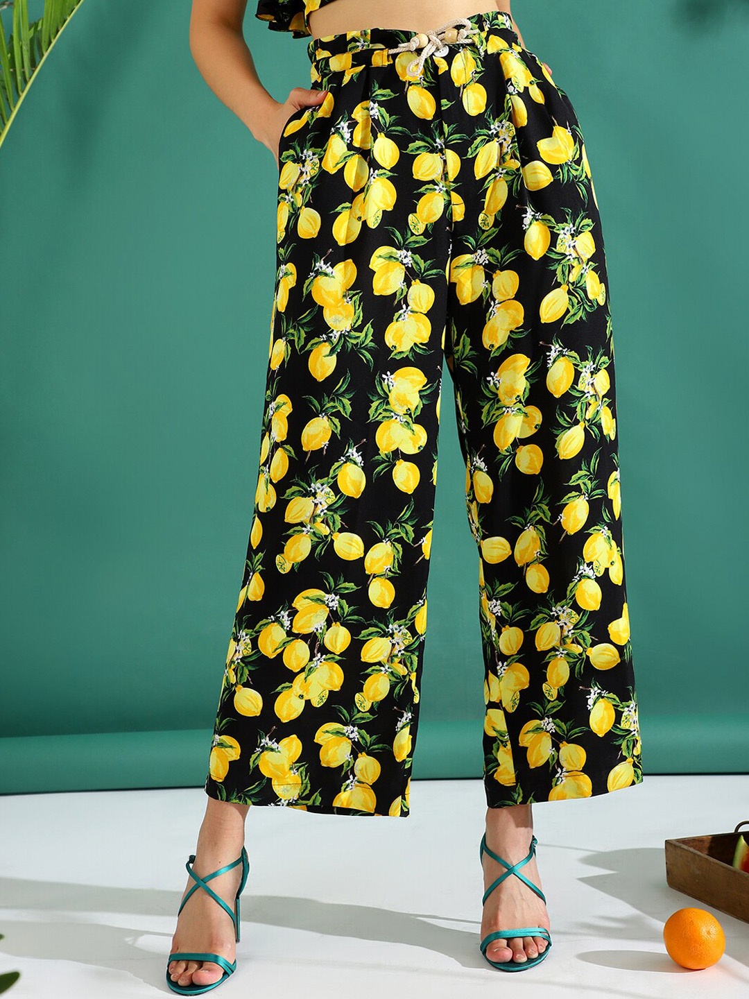 

KASSUALLY Women Black Floral Printed Straight Fit Pleated Parallel Trousers