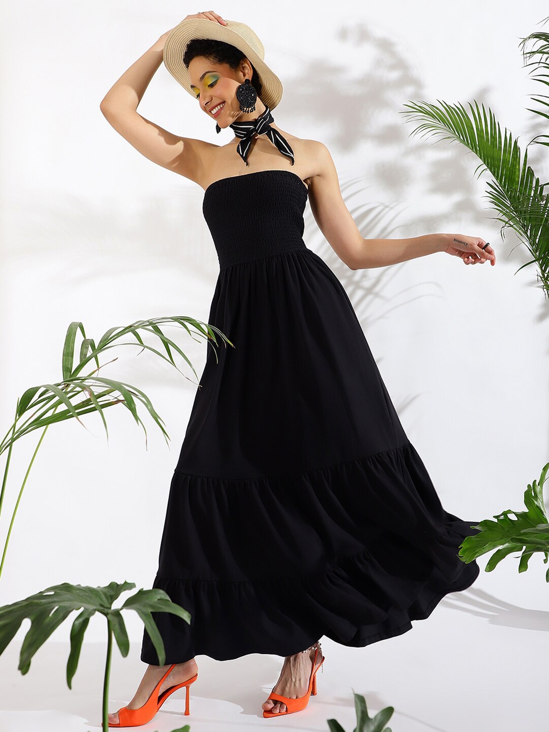 

KASSUALLY Black Strapless Smocked Tiered Pure Cotton Maxi Dress