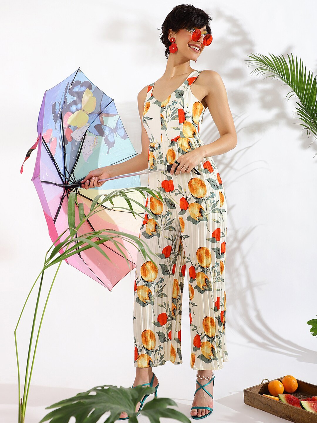 

KASSUALLY White & Red Printed Shoulder Strapped Basic Jumpsuit