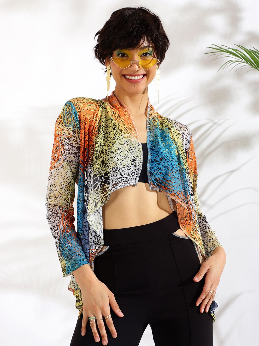 

KASSUALLY Beige & Blue Abstract Printed Shrug