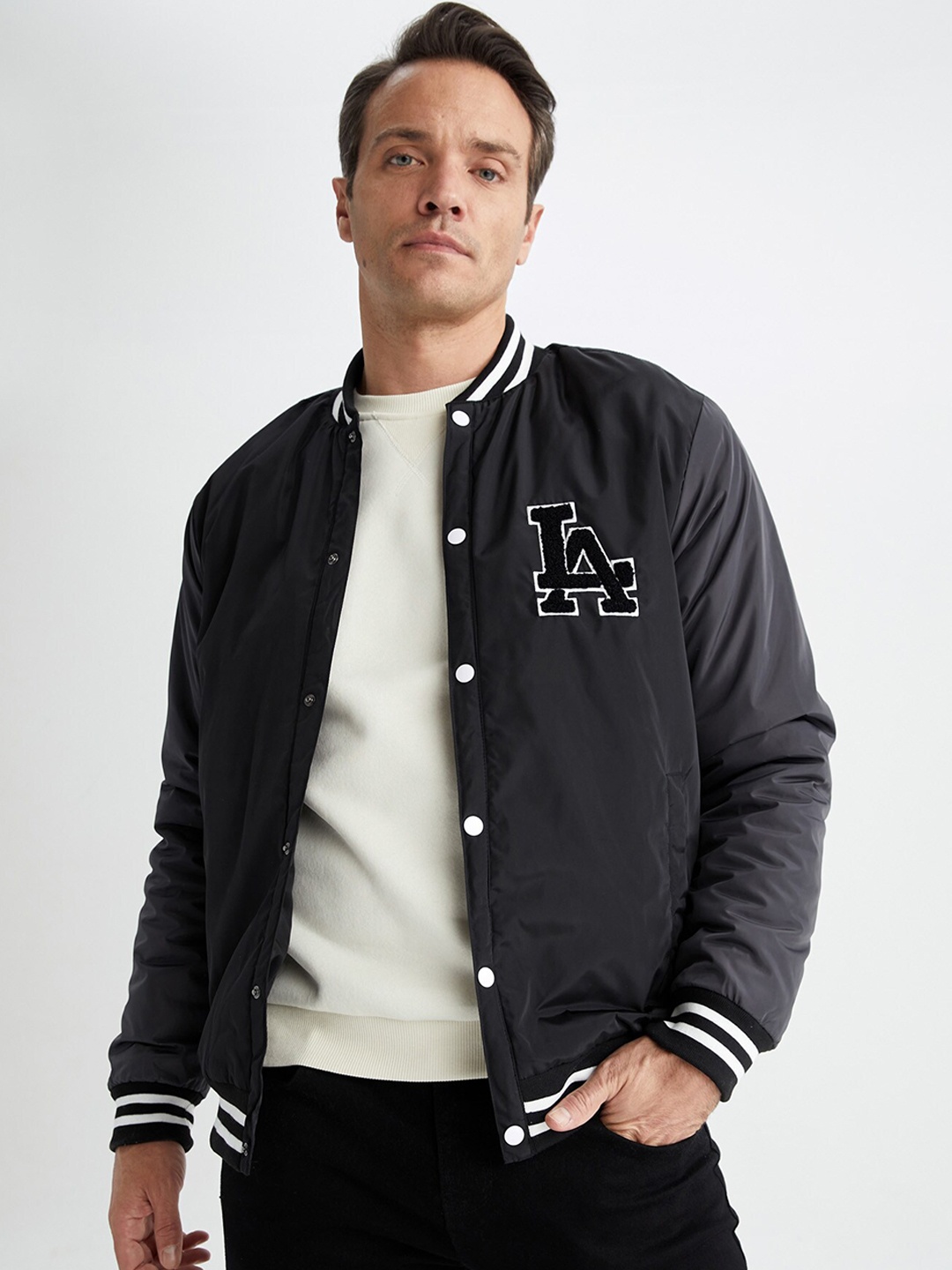 

DeFacto Stand Collar Long Sleeves Varsity Jacket, Black