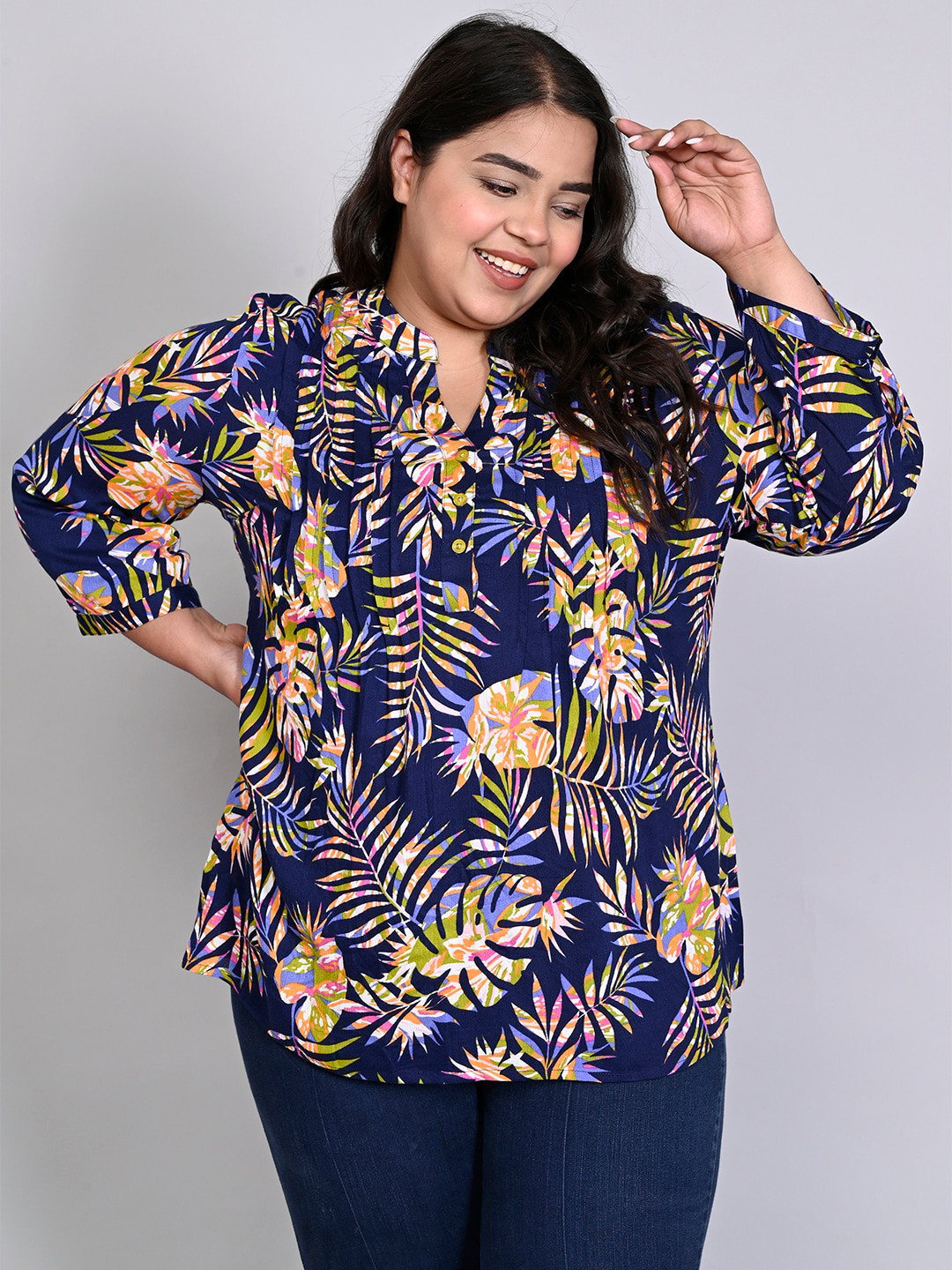 

IX IMPRESSION Plus Size Mandarin Collar Tropical Printed Top, Green