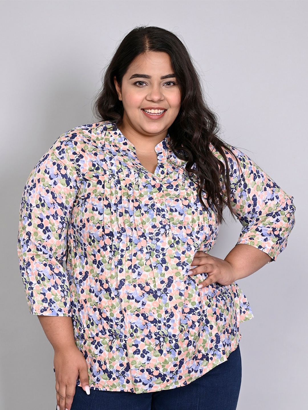 

IX IMPRESSION Plus Size Floral Printed Mandarin Collar Top, White