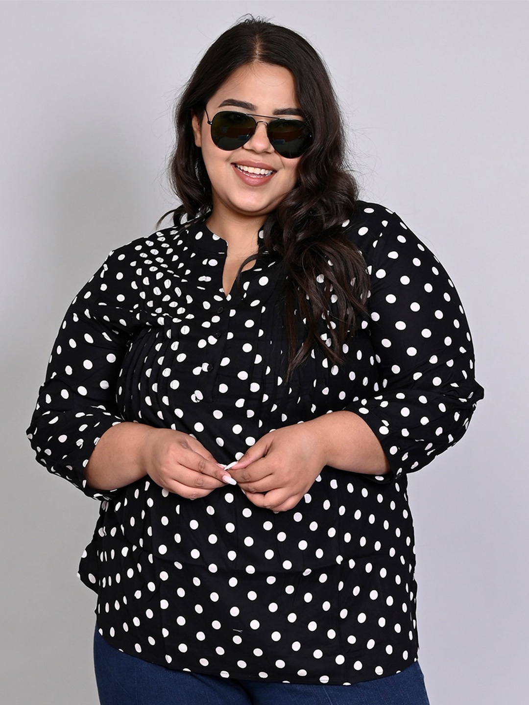 

IX IMPRESSION Polka Dot Printed Mandarin Collar Pleated Top, Black
