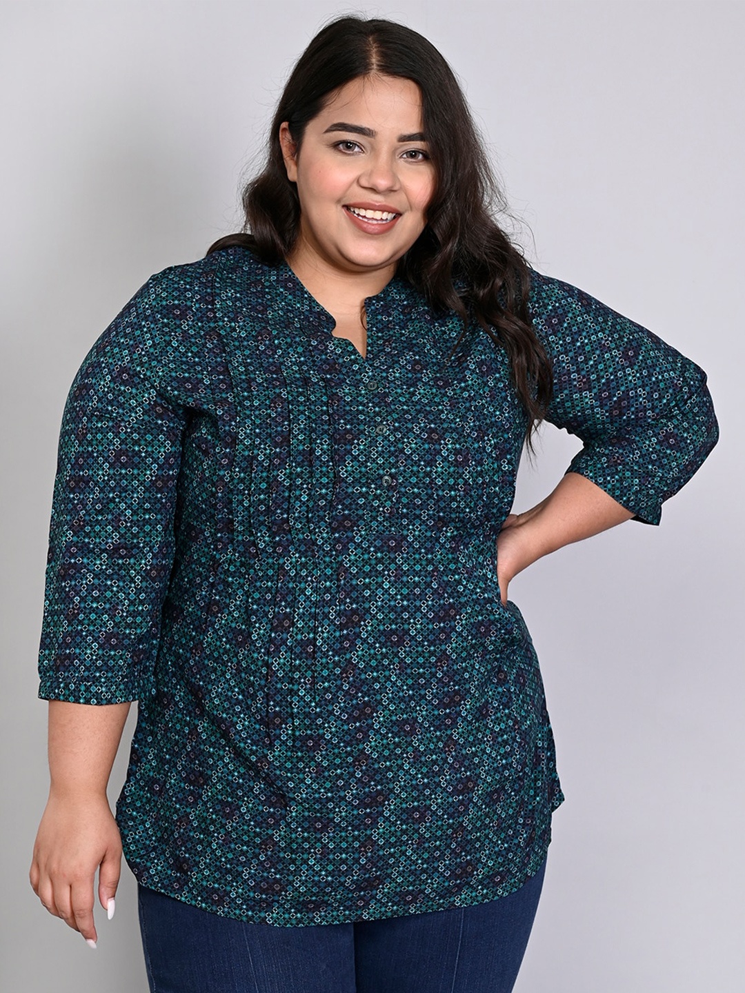 

IX IMPRESSION Geometric Printed Mandarin Collar Plus Size Shirt Style Top, Navy blue