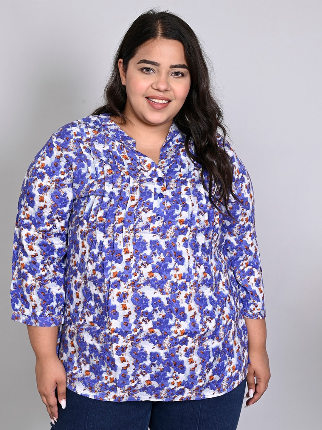 

IX IMPRESSION Plus Size Floral Printed Mandarin Collar Regular Style Top, White