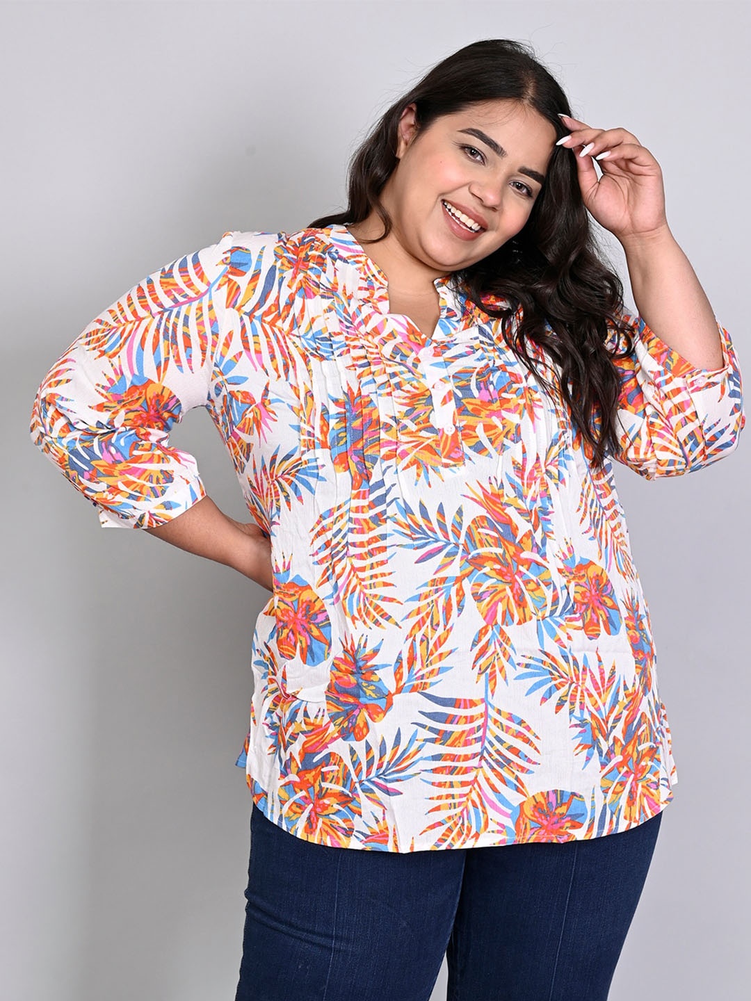 

IX IMPRESSION Plus Size Floral Print Mandarin Collar Top, White