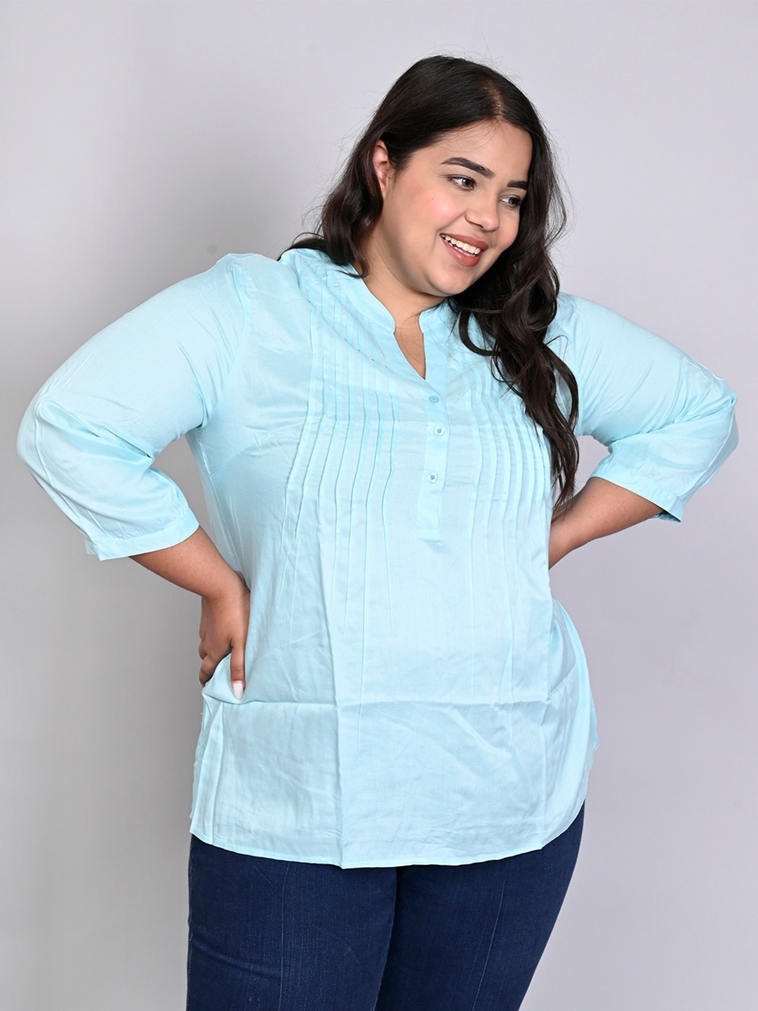 

IX IMPRESSION Plus Size Mandarin Collar Pleated Top, Turquoise blue