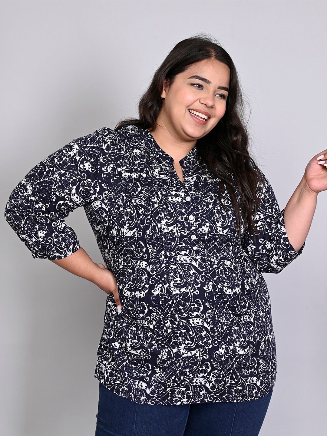 

IX IMPRESSION Plus Size Floral Printed Mandarin Collar Top, Navy blue