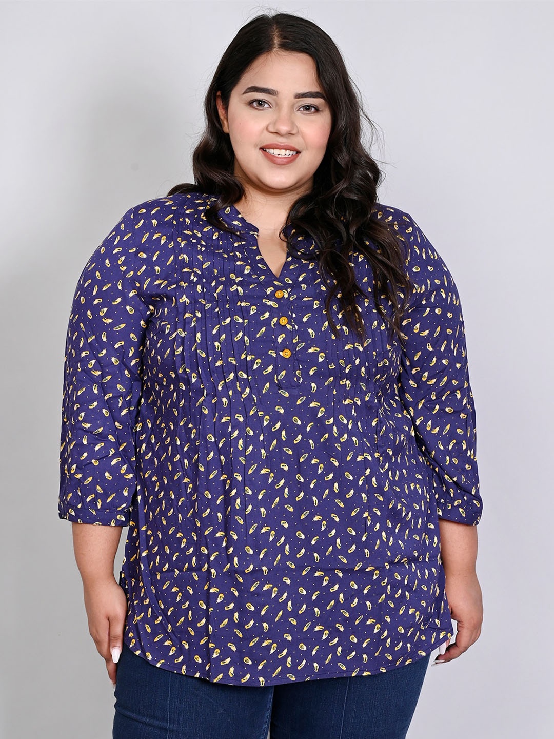 

IX IMPRESSION Plus Size Conversational Printed Mandarin Collar Top, Navy blue