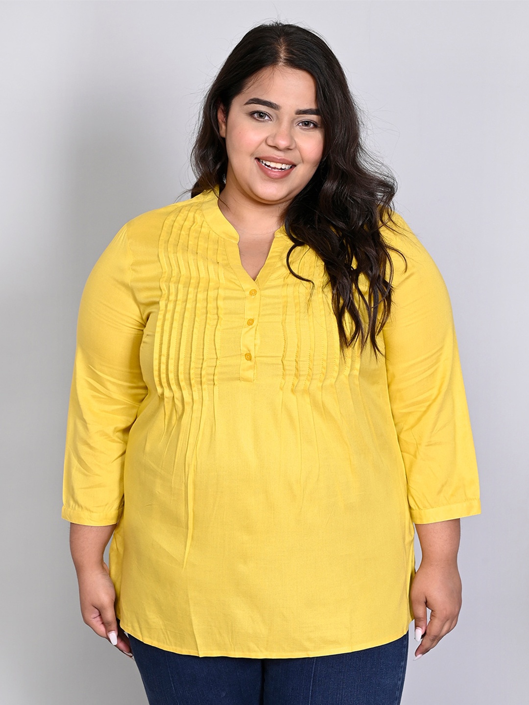 

IX IMPRESSION Plus Size Mandarin Collar Pleated Top, Yellow