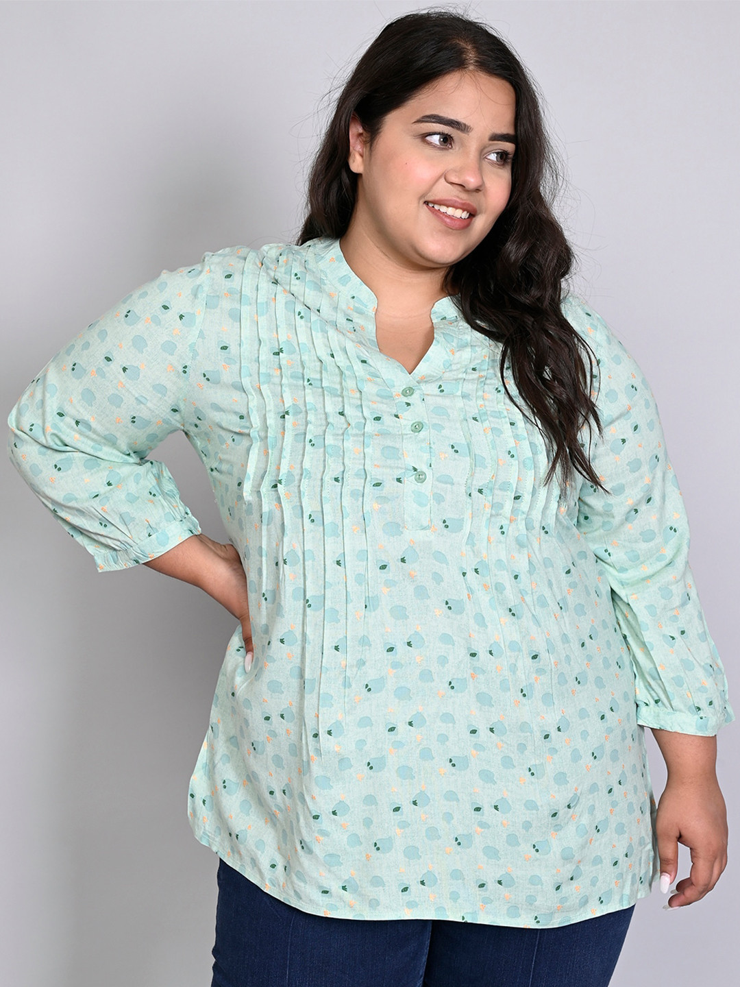 

IX IMPRESSION Floral Printed Pintuck Mandarin Collar Top, Sea green