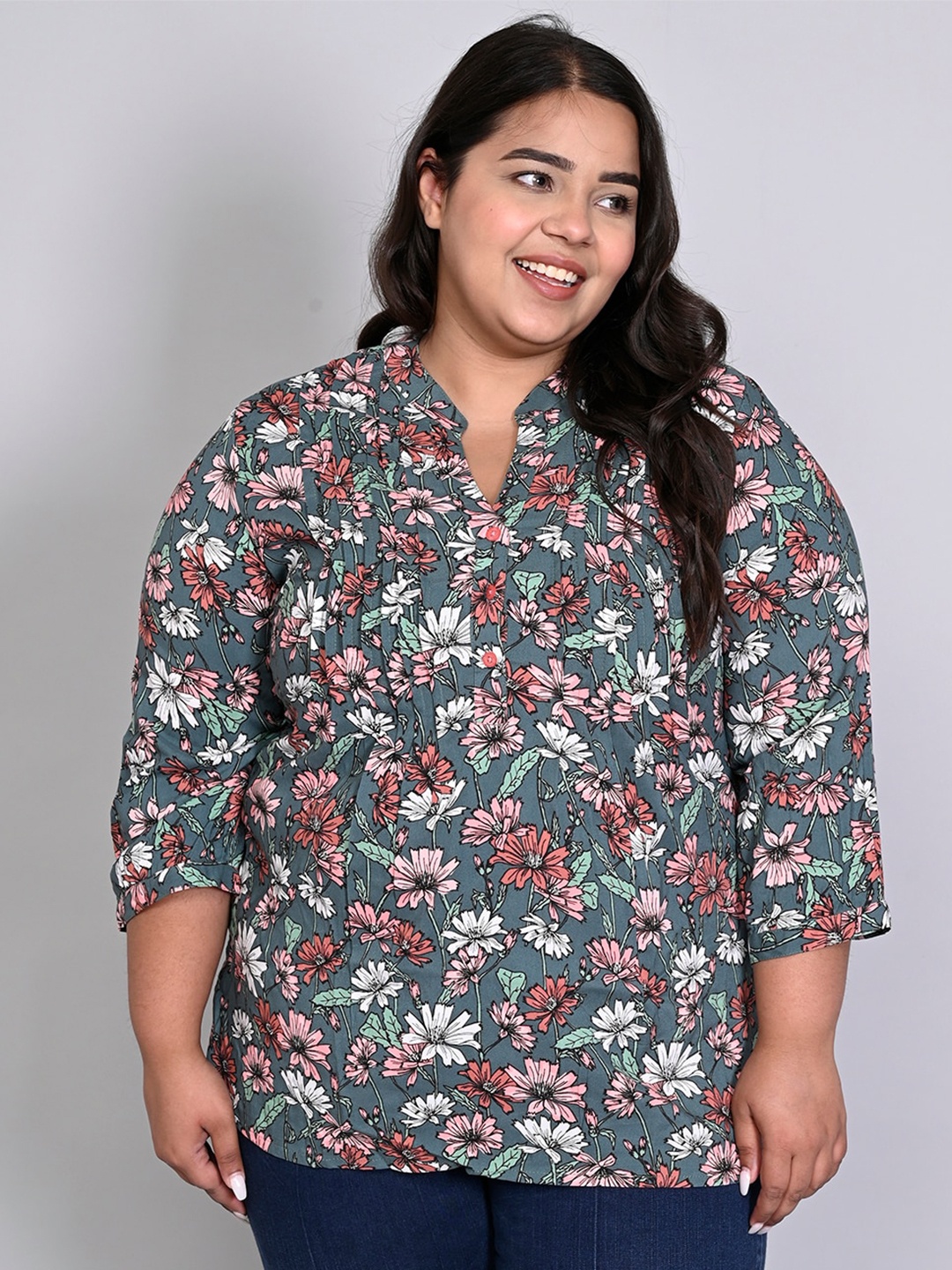 

IX IMPRESSION Floral Printed Mandarin Collar Plus Size Regular Top, Sea green