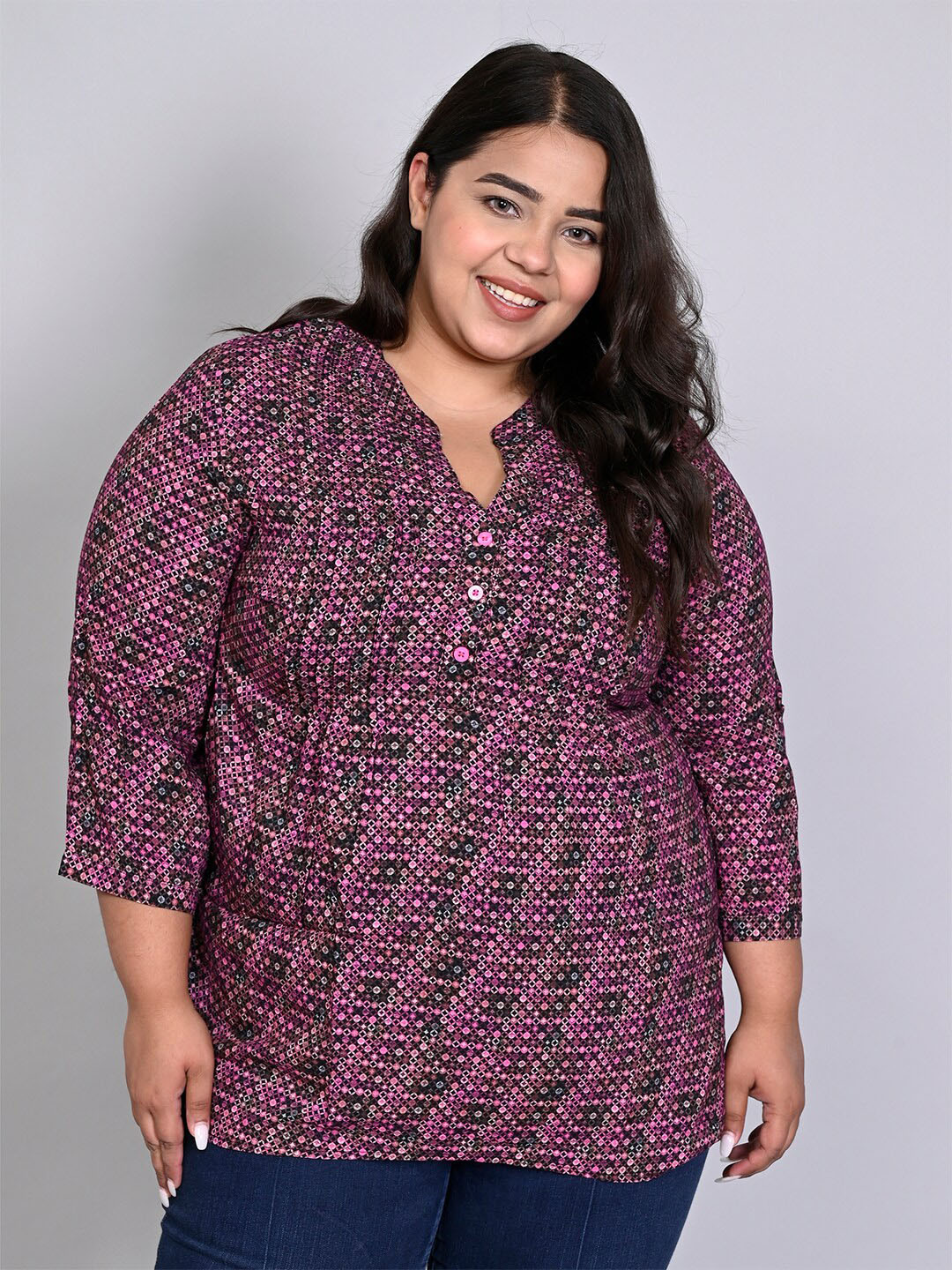 

IX IMPRESSION Geometric Printed Pinktuck Mandarin Collar Top, Pink