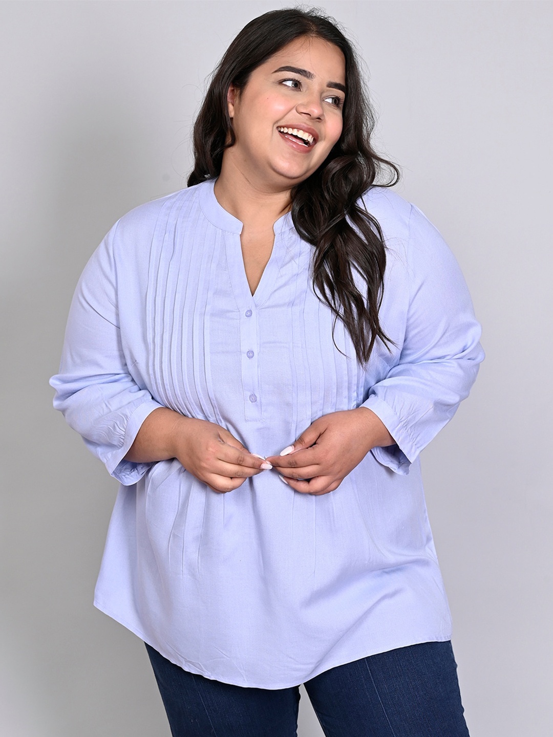 

IX IMPRESSION Plus Size Mandarin Collar Pleated Top, Blue