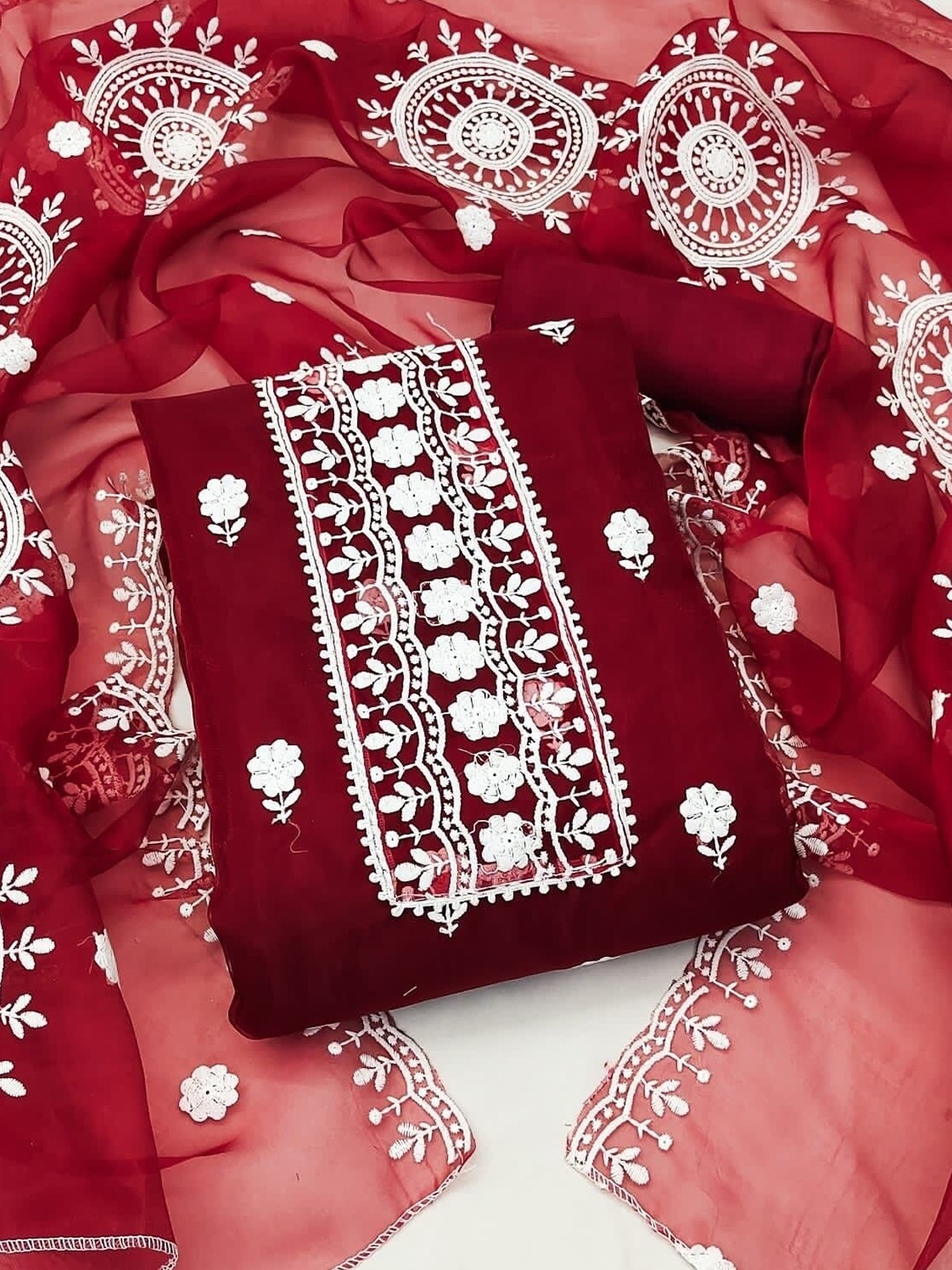 

KALINI Embroidered Organza Unstitched Dress Material, Red